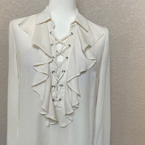 Sale! New York & Company Cream Lace-up Ruffled Blouse. Size S
